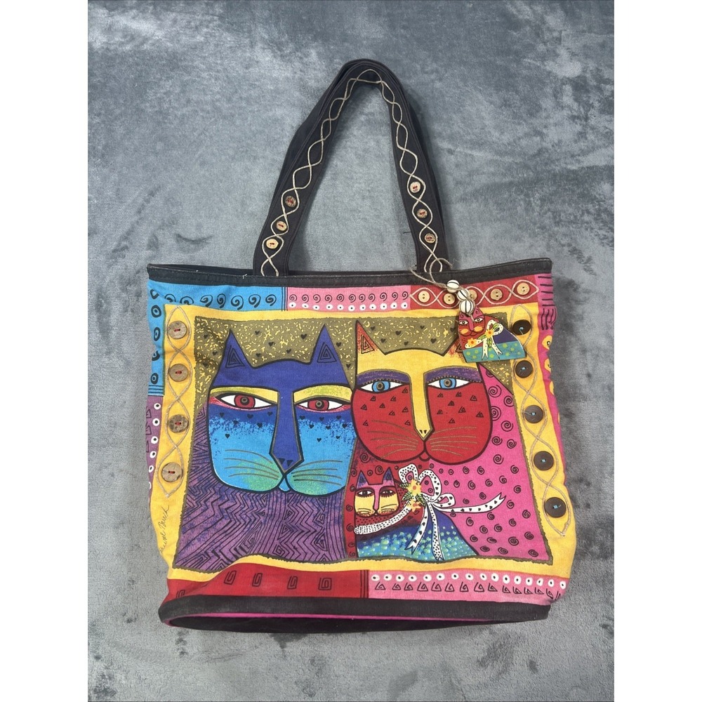 VTG Laurel Burch Bag Cat Art Canvas Tote Purse Boho Indie Abstract Retro 90s Y2K